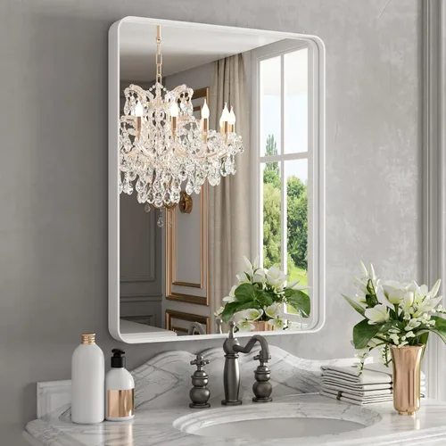 WEER - Espejo de baño blanco de 24x32 pulgadas, espejo de marco de metal blanco redondeado, espejo de tocador de baño de vidrio templado mate