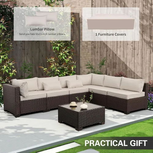 Miniatura 2 de WAROOM Juego de muebles de patio al aire libre, 7 piezas, sofá seccional de mimbre, sofá de conversación de ratán marrón con mesa auxiliar, cojín