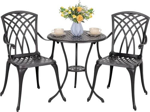 NUU GARDEN Juego de mesa y sillas de aluminio fundido para patio, 3 piezas, con agujero para paraguas, juego de 2 unidades para patio, color negro