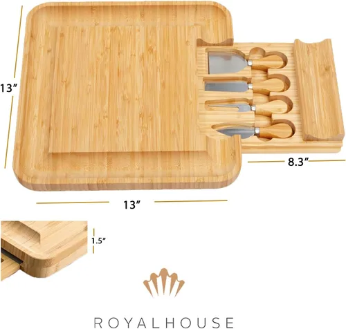 Miniatura 4 de RoyalHouse Juego de tabla de queso de bambú y cuchillos con cajón deslizante para cubiertos, juego de tablas de charcutería y plato de queso
