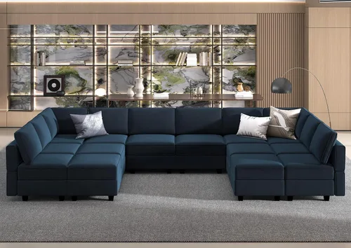 Miniatura 13 de Belffin Sofá modular de gran tamaño con tumbonas dobles en forma de U, sofá seccional reversible con almacenamiento de terciopelo gris