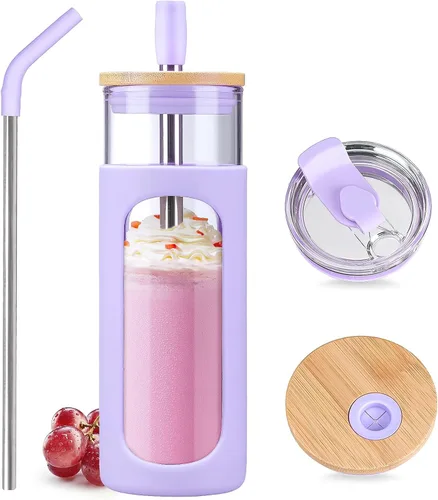 Miniatura 25 de Kodrine Vaso para agua de vidrio de 20 onzas con popote y tapa, botella de agua con tapas de bambú, taza para café helado, reutilizable, boca ancha