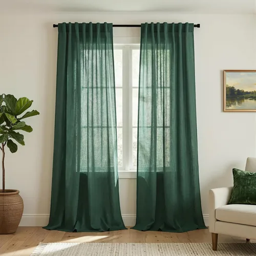 Mrs.Naturall - Cortinas de lino verde oscuro de 84 pulgadas de largo para sala de estar, cortinas transparentes con pestaña trasera de color verde