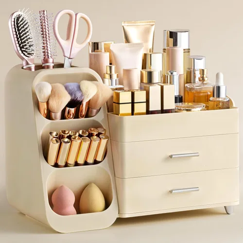 HBlife Organizador de maquillaje con soporte para brochas para tocador, organizador grande de plástico para tocador de baño, almacenamiento para el