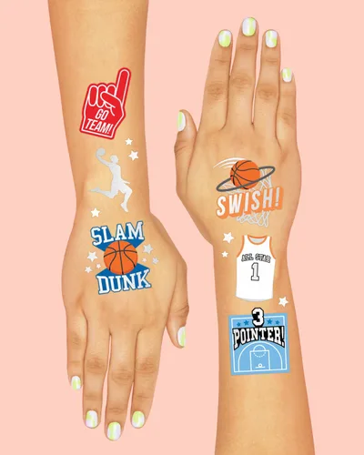 Miniatura 4 de xo, Fetti Tatuaje temporal de baloncesto – 58 estilos de aluminio Decoraciones de fiesta de cumpleaños de baloncesto, recuerdos de fiesta