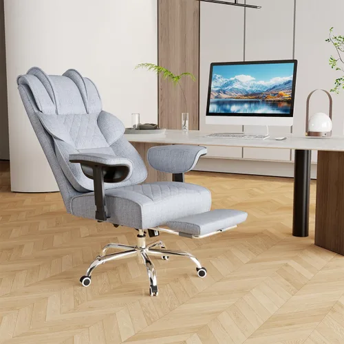 Miniatura 10 de Silla de oficina grande y alta, silla de juegos ancha resistente con tela de algodón con reposapiés, respaldo reclinable de doble capa de 150°