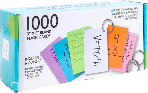 Miniatura 2 de Hapinest 1000 tarjetas flash en blanco, tarjetas de índice de colores de 3 x 5 con 20 anillos de carpeta, tarjetas de índice sin rayas sin rayas