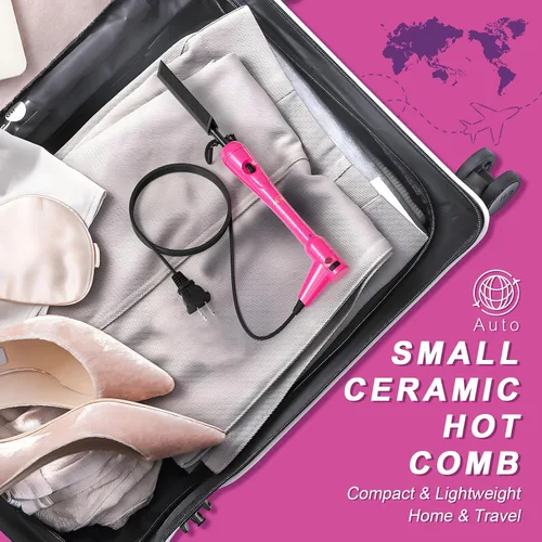 Miniatura 4 de Mini peine caliente rosa de 500 grados, peine de presión eléctrico de doble voltaje para cabello negro, peine alisador de cerámica portátil, enchufe