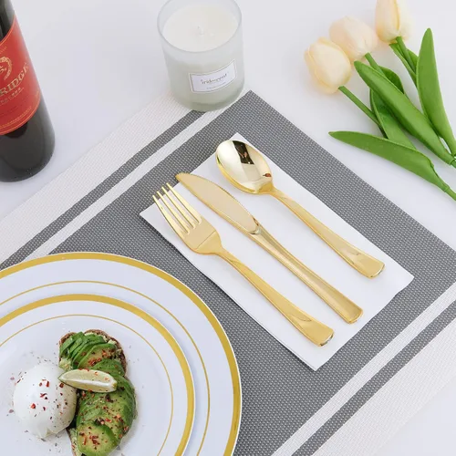 Miniatura 6 de 125 unidades de platos de plástico dorados incluyen 25 platos para cenar, 25 postres desechables y cubiertos desechables dorados, juego de vajilla