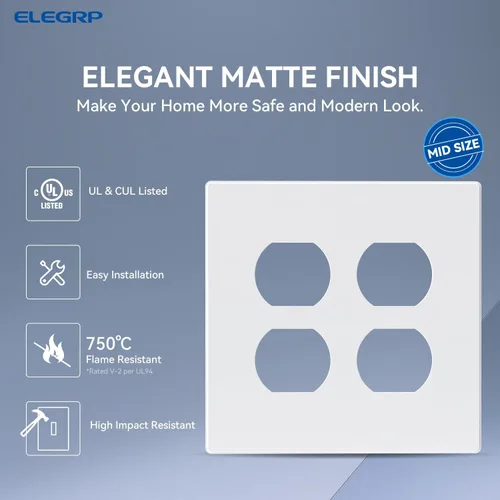 Miniatura 2 de ELEGRP Placas de pared dúplex sin tornillos de 2 segmentos, cubierta frontal termoplástica irrompible de tamaño mediano para toma de corriente Mate