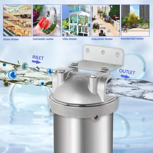 Miniatura 8 de NSF/ANSI 42 carcasa de filtro de agua de acero inoxidable para toda la casa, sistema de filtro de agua de sedimentos de 10 x 2.5 pulgadas para agua