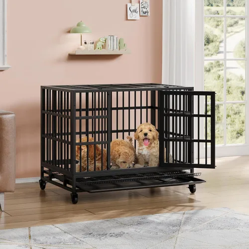 Miniatura 2 de Vongrasig Jaula para perros indestructible resistente de 38 pulgadas, a prueba de escape, con ruedas bloqueables, jaula para perros de doble puerta