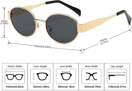 Miniatura 6 de Lentes de sol ovalados retro para mujeres y hombres, lentes de sol ovalados de metal de los años 90, tonos vintage