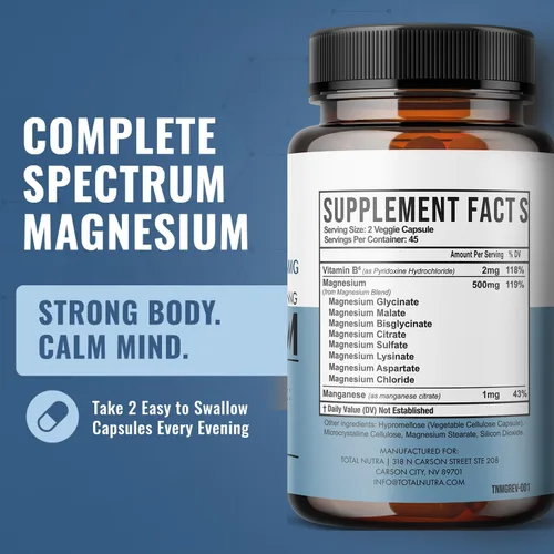 Miniatura 6 de Suplemento de magnesio 10 en 1 de 500 mg Complejo de magnesio de alta absorción con glicinato mag, citrato, vitamina B6 y magnesio para dormir