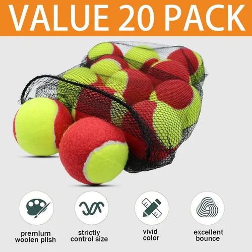 Miniatura 5 de SHYUJAJIE - Juego de 20 pelotas de tenis de baja compresión en etapas de 25%/50%/75% para principiantes, niños y jóvenes en entrenamiento y Rojo