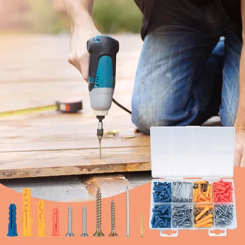 Miniatura 7 de Juego de 360 tapones y tornillos de pared, kit surtido de tornillos y clavos para paneles de yeso, tornillos autorroscantes de cabeza plana, tapones