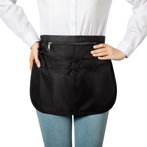 Miniatura 7 de Delantal de servidor impermeable para mujeres con 5 bolsillos, se pone y se quita rápidamente, delantales de camarera, delantal de trabajo para Negro