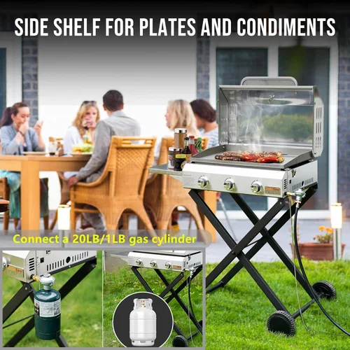 Miniatura 8 de ONLYFIRE GRILLS Plancha portátil de gas propano de 3 quemadores con carrito plegable y mesa auxiliar, parrilla de gas plana con tapa, para cocinar