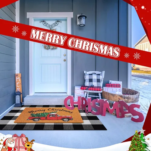 Miniatura 5 de Geelin 2 Tapetes de Puerta de Navidad, Felpudo Delantero Navideño a Cuadros Buffalo Blanco y Negro, Alfombra Decorativa de Árbol de Navidad