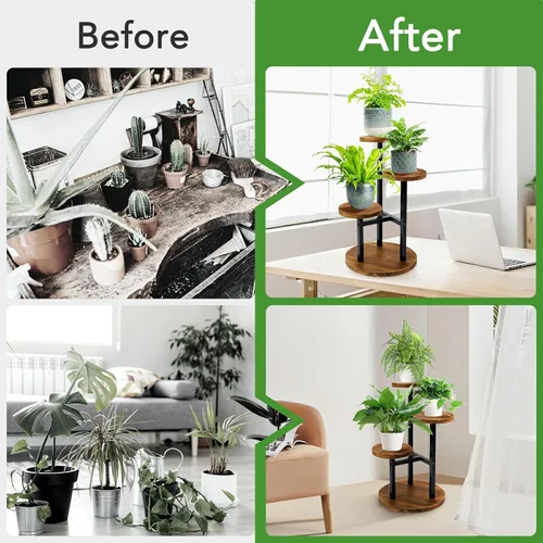 Miniatura 3 de AUGOSTA - Soporte para plantas de 3 niveles, estante alto de metal y madera para exhibición en interiores y exteriores, soporte para macetas