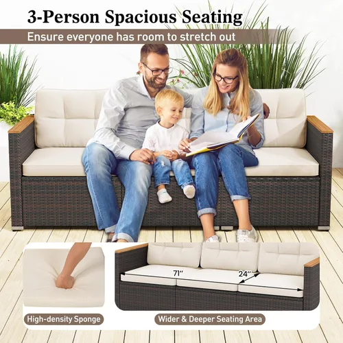 Miniatura 7 de Tangkula Sofá de mimbre para patio de 3 plazas, juego de muebles de ratán de 3 plazas con reposabrazos de madera de acacia y cojín grueso, sofá
