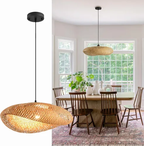 Miniatura 2 de lámpara colgante de bambú de 19.7 pulgadas estilo granja con enrejado de ratán para comedor, luces boho, accesorio de iluminación para isla