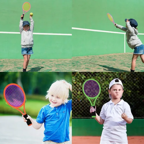 Miniatura 6 de Juego de raqueta de tenis para niños, raqueta de 17 pulgadas con 1 pelota de tenis, 4 volantes de bádminton y 3 pelotas suaves para deportes