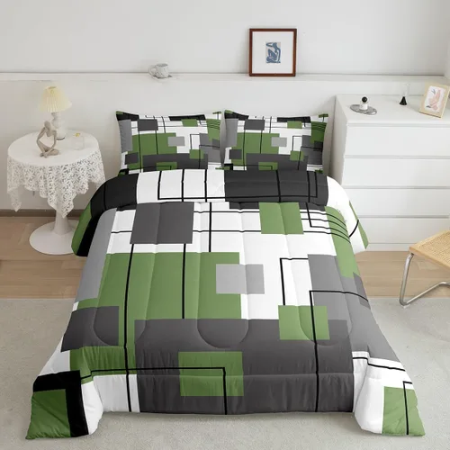 Juego de edredón de geometría abstracta, tamaño individual, negro, gris, verde, geométrico, cuadrado, para niños, niñas, adolescentes, juego de