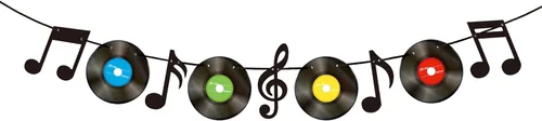 Notas musicales y discos de vinilo preencordados para fiestas, notas musicales, banderines de papel de cumpleaños, decoraciones de fiesta, carteles