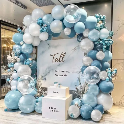 Miniatura 7 de Guirnalda de globos azul empolvado y blancos, kit de arco de globos Bobo de perlas azul claro con doble relleno para cumpleaños, baby shower, boda
