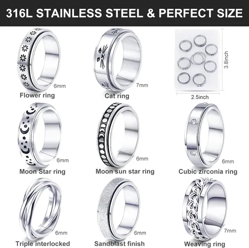 Miniatura 7 de BiCINE Anillo para la ansiedad para mujeres y hombres 8 unidades anillos para la ansiedad de acero inoxidable anti ansiedad anillos giratorios