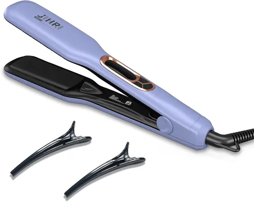 JINRI Plancha plana de titanio de 1.26 pulgadas de ancho para cabello húmedo o seco, alisador con doble voltaje (100-240 V), deja un aspecto suave y