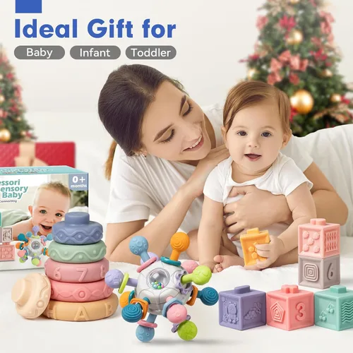 Miniatura 7 de Conjunto de Juguetes Sensoriales y de Dentición para Bebés, Juguetes Montessori para Bebés de 6-12 Meses, Incluye Sonajero, Mordedor para Recién