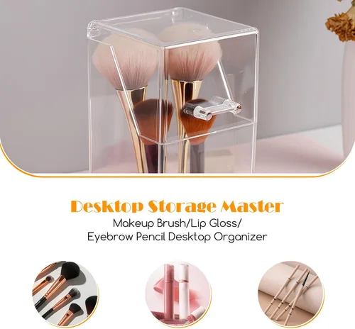 Miniatura 3 de Organizador cuadrado de acrílico para cepillos cosméticos con tapa a prueba de polvo, transparente, 3.5 x 3.5 x 8.3 pulgadas, 1 unidad