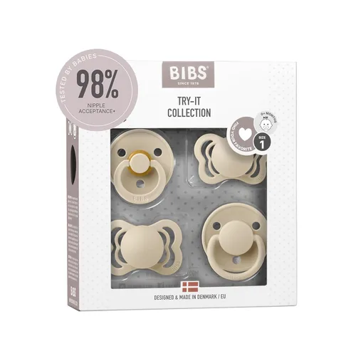BIBS Colección Try-It | Paquete de 4 Chupetes | Pezón Redondo, Anatómico y Simétrico Libre de BPA | Látex de Goma Natural/Silicona | Fabricado en