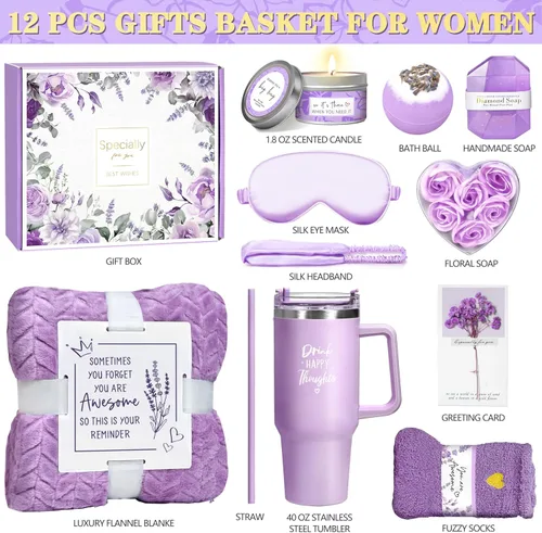 Miniatura 2 de Regalos de cumpleaños para mujeres, cuidado personal, regalos de pronta recuperación, cesta de regalo de spa relajante de lavanda - paquete