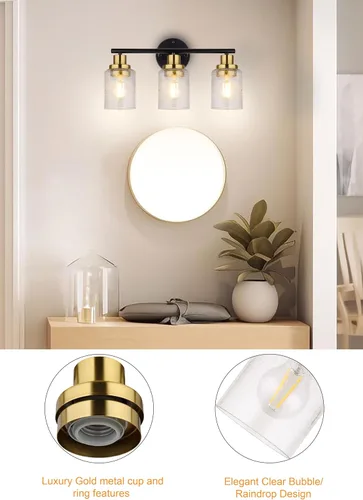 Miniatura 3 de Ldeco Luces de tocador de 3 luces para baño, lámpara de baño negra y dorada con pantalla de vidrio transparente de burbujas, luces modernas