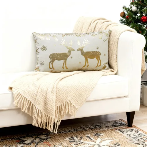 Miniatura 2 de JWH Funda de almohada decorativa de ciervos amantes de la Navidad, con estampado dorado, funda de almohada de lino, cojín de invierno
