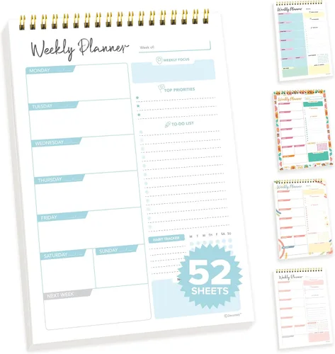 Decorably Bloc de notas de 52 hojas de planificador semanal azul sin fecha, 6.5 x 10 pulgadas, diseño fácil de arrancar, con enfoque, prioridades,