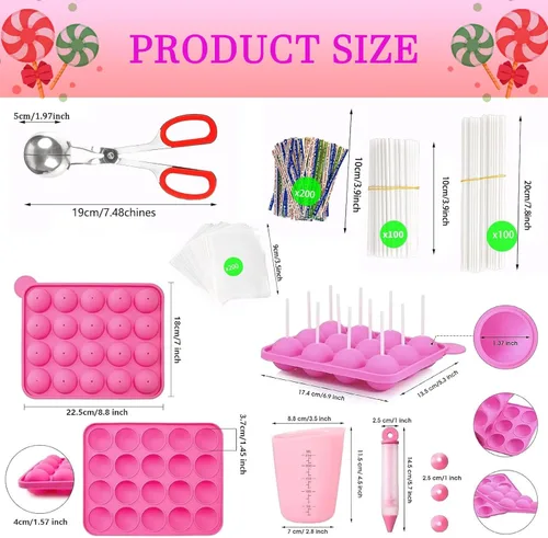 Miniatura 2 de Kit de 605 piezas para tartas, moldes de silicona para piruletas, incluye palitos de piruleta, taza medidora, bolsas de golosinas, lazos giratorios