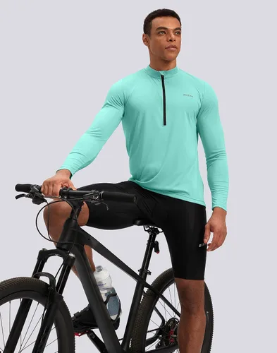 Miniatura 6 de Bikewa Maillot de ciclismo para hombre con 3+1 bolsillos traseros con cremallera, manga larga, absorción de humedad, UPF 50+ media cremallera