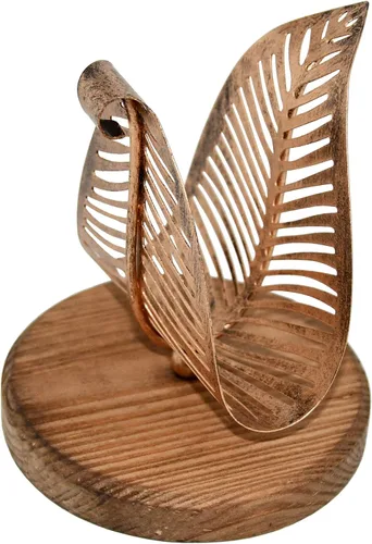 Miniatura 8 de OwlGift Servilletero moderno independiente con hoja de metal de bronce y diseño de base de madera marrón, dispensador de pañuelos de mesa