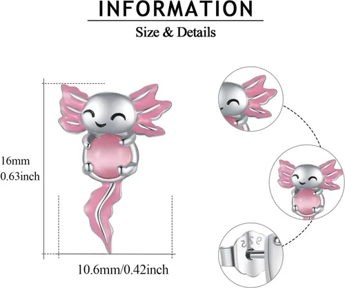 Miniatura 3 de Axolotl - Aretes de tuerca para mujer, de plata de ley 925, hipoalergénicos, joyería de animales