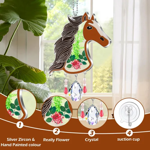 Miniatura 4 de KY&BOSAM Atrapasoles de cristal pintado a mano con cabeza de caballo, campanilla de viento con flor prensada incrustada en ventana de cristal, Día