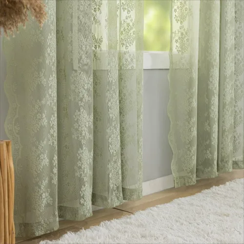 Miniatura 5 de Cortinas de encaje verde salvia de 63 pulgadas de largo para dormitorio, 2 paneles, elegantes cortinas bordadas semitransparentes para sala