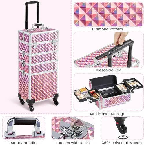 Miniatura 7 de Yaheetech Estuche de maquillaje profesional de entrenamiento 4 en 1/carrito de cosméticos rodante/estuche organizador de maquillaje/estuche de viaje
