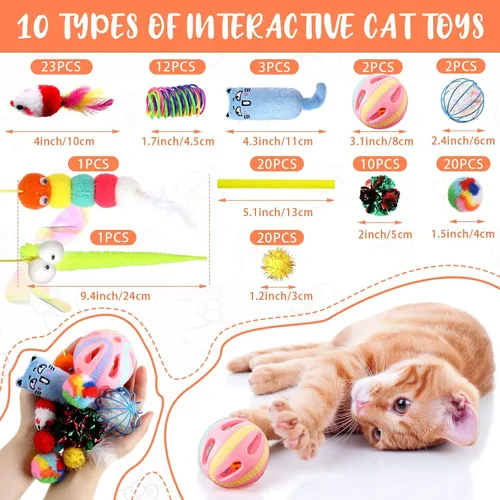 Miniatura 2 de Shappy 150 juguetes para gatos de interior a granel, paquete de juguetes para gatitos, variedad de regalo interactivo, incluyendo ratones, bolas