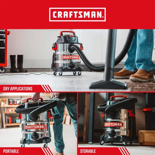 Miniatura 4 de CRAFTSMAN CMXEVBE17155 aspiradora de húmedos/secos de 6.0 picos HP, 10 galones, de acero inoxidable, portátil, para uso en tienda, húmeda y seca