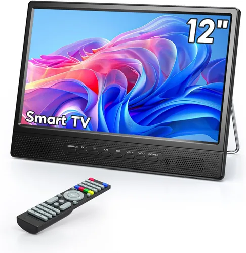 Desobry Smart TV pequeño de 12 pulgadas, televisor inteligente de pantalla plana LCD con WiFi, soporte ajustable de 180° incorporado/sintonizador