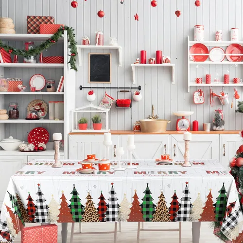 Miniatura 6 de Preboun Mantel de Navidad de Mesa de Navidad Mantel de Plástico Mantel Cuadrado con Árbol de Navidad Mantel Rectangular para Navidad para Fiesta